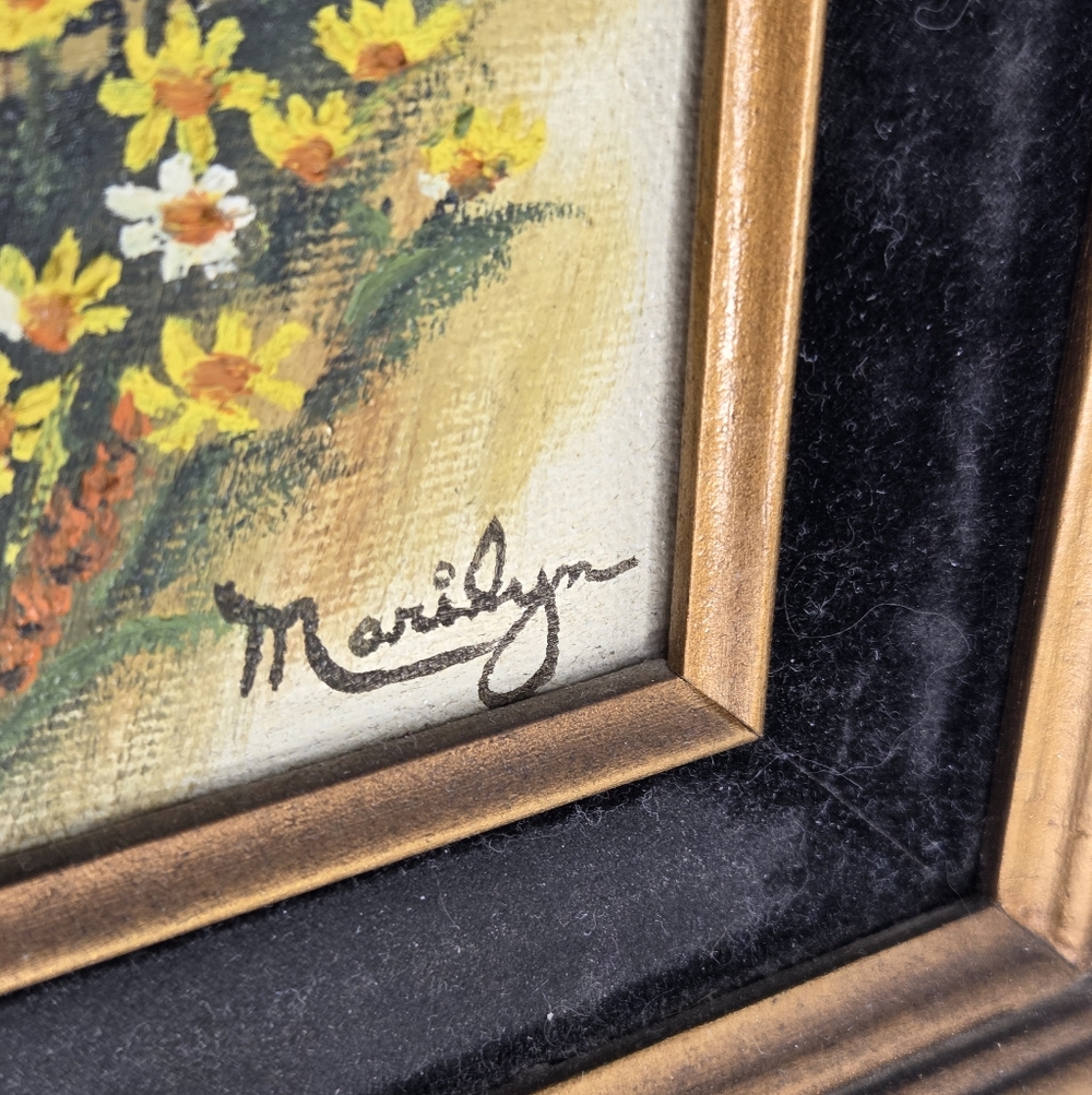 VTG Landscape Oil Painting Countryside Water Well Yellow Daisies Framed Marilyn - Picture 2 of 8